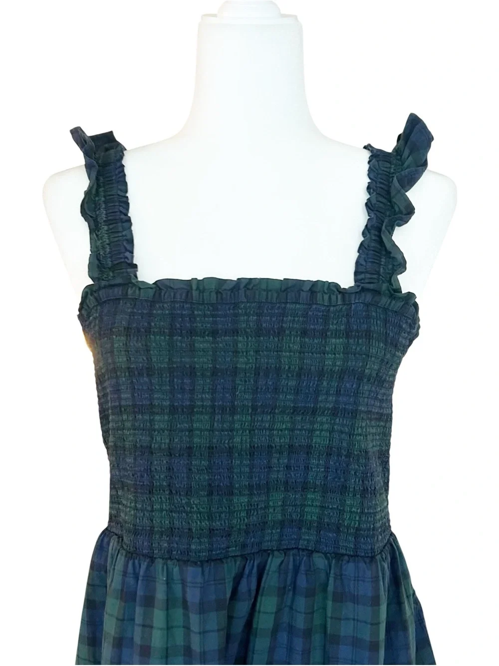 J.Crew Midi Dress Green Tartan Plaid Smocked Poplin Tiered Preppy Holiday SZ M